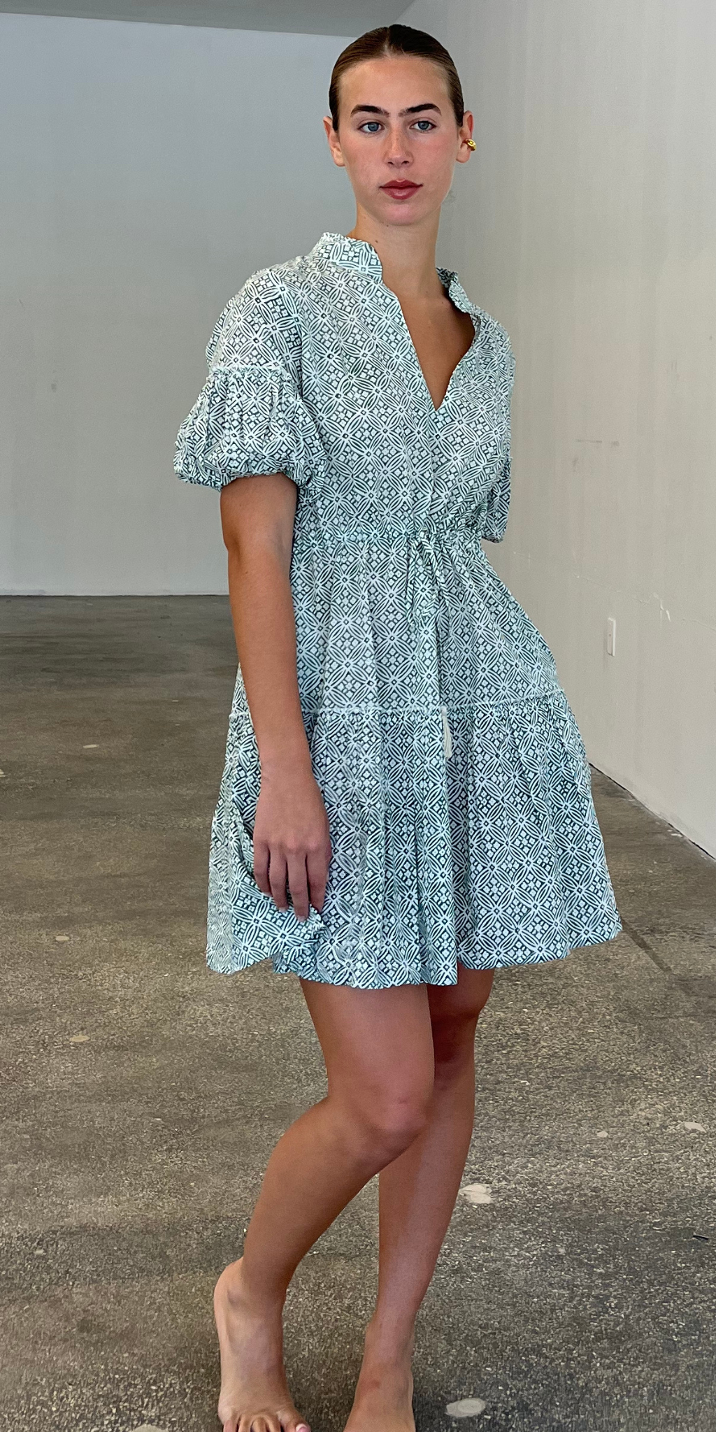Green Geo Print Short Mao Dress