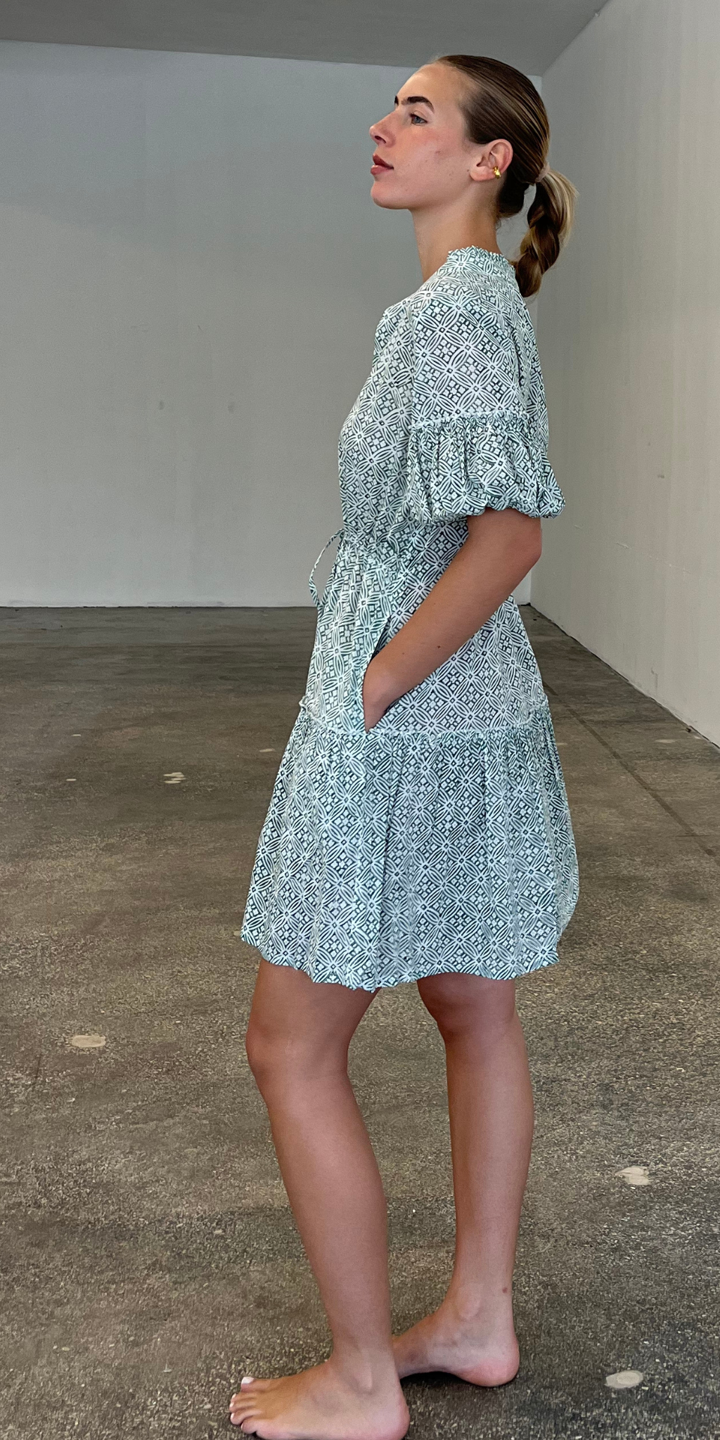 Green Geo Print Short Mao Dress