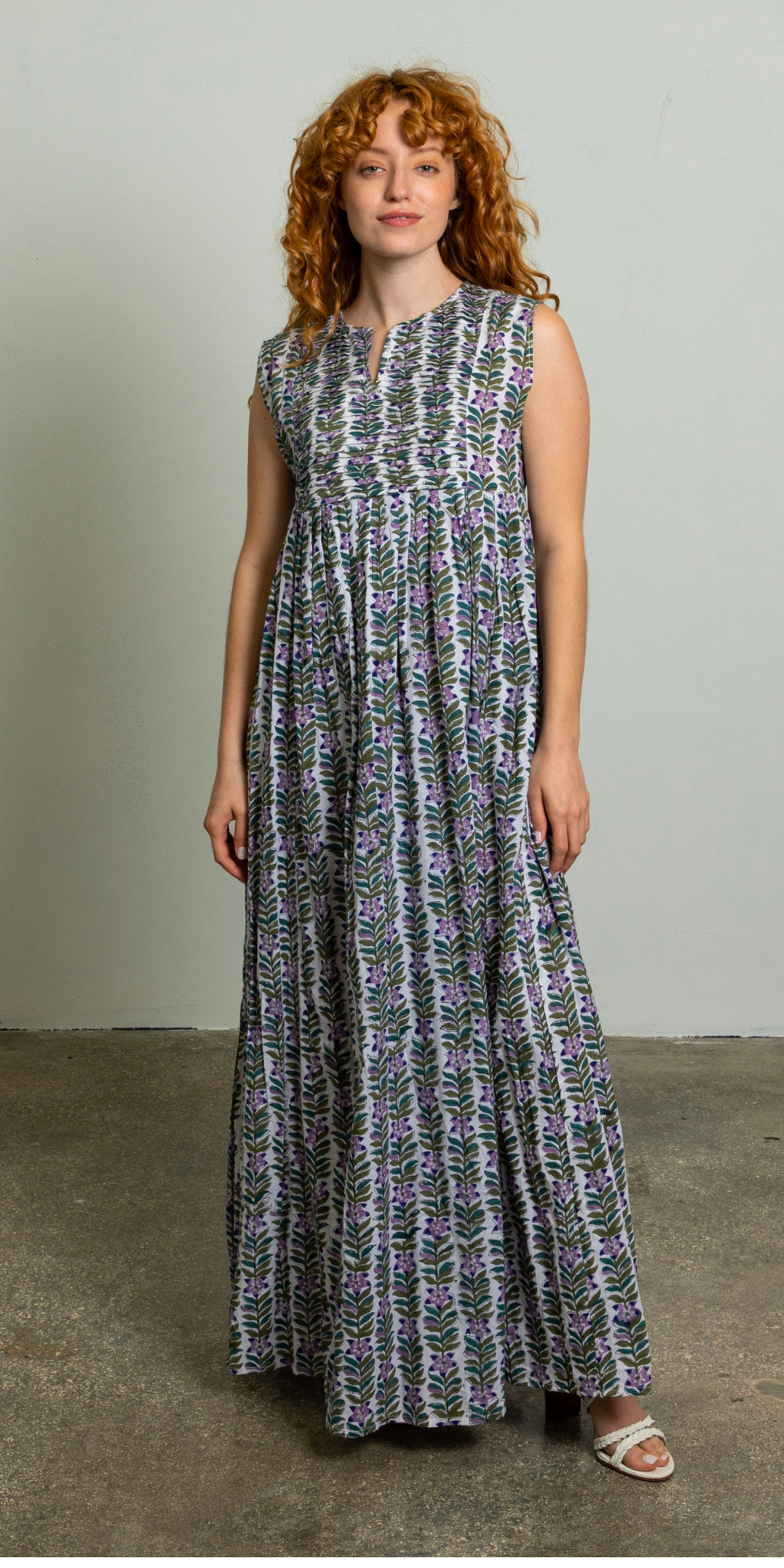 Sleeveless Green and Purple Flower Dress