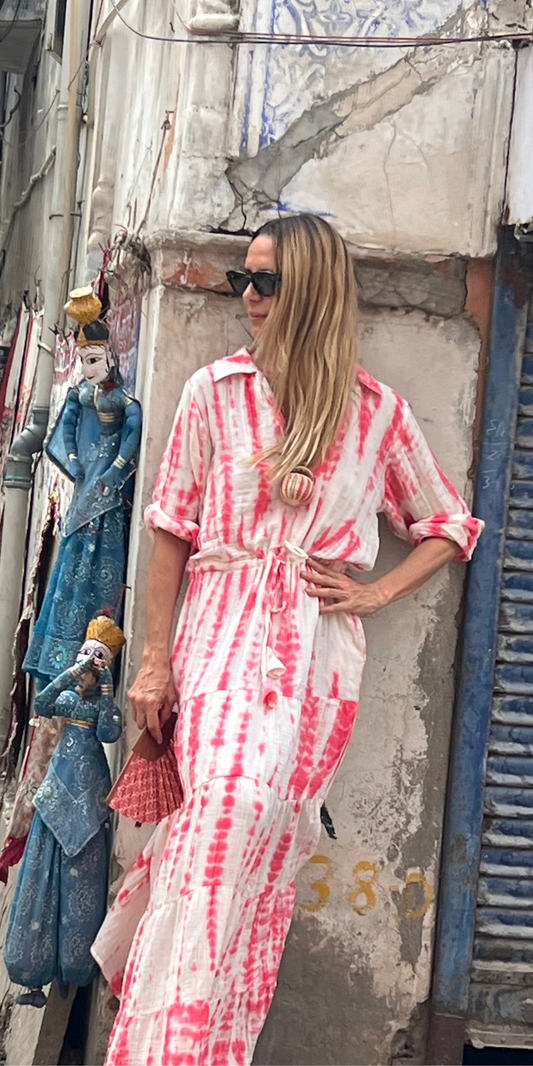 Pink Shibori Long Shirt Dress