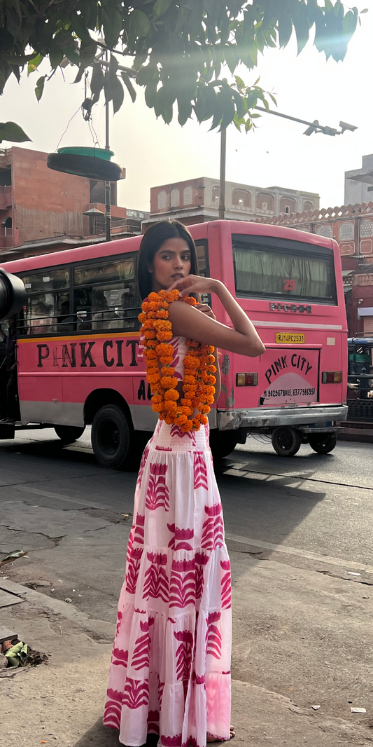 Fuxia Jaipur Butti Long Tiered Skirt