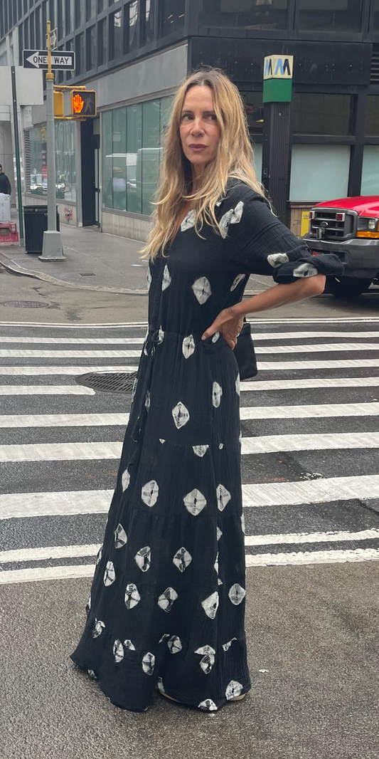 Black Shibori Long Shirt Dress