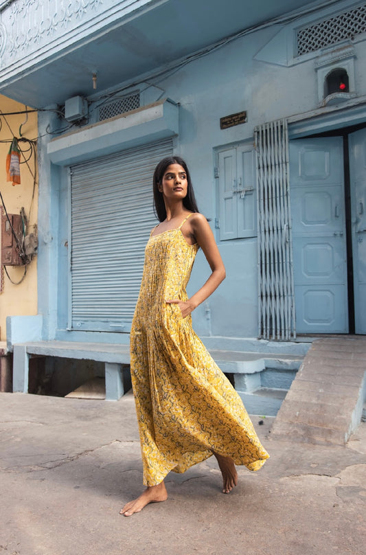 Golden Bloom Eclipse Strappy Pleat Dress