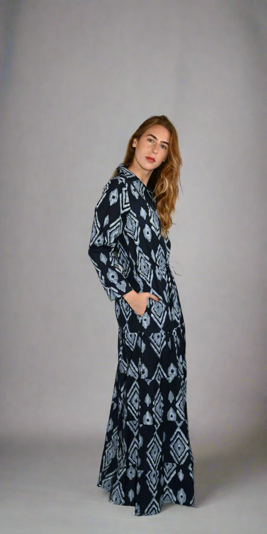 Midnight Ikat Long Shirt Dress