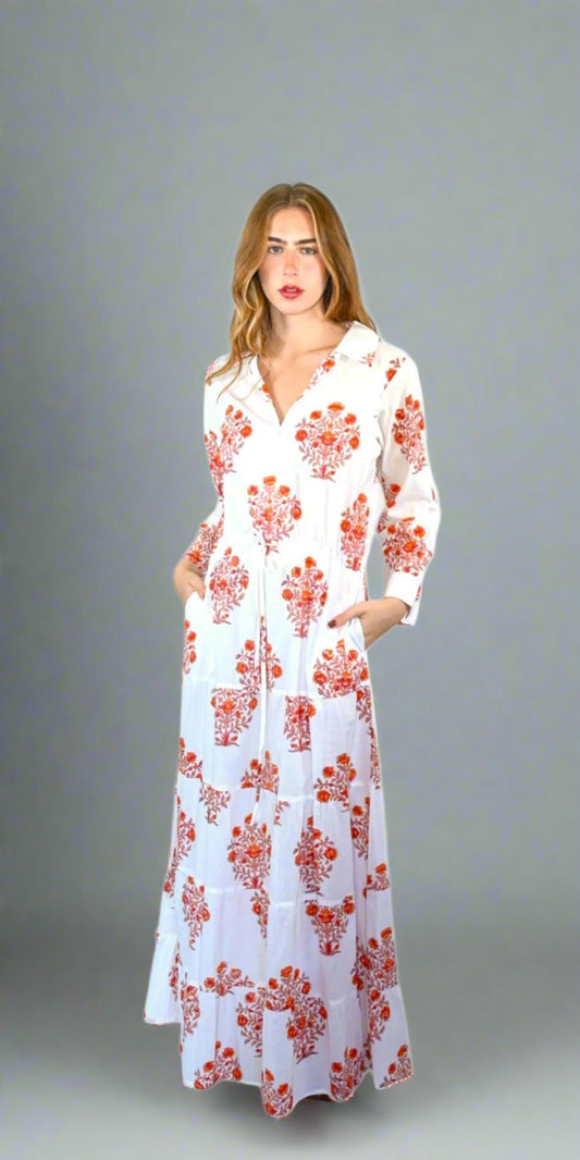 Coral Blossom Long Shirt Dress