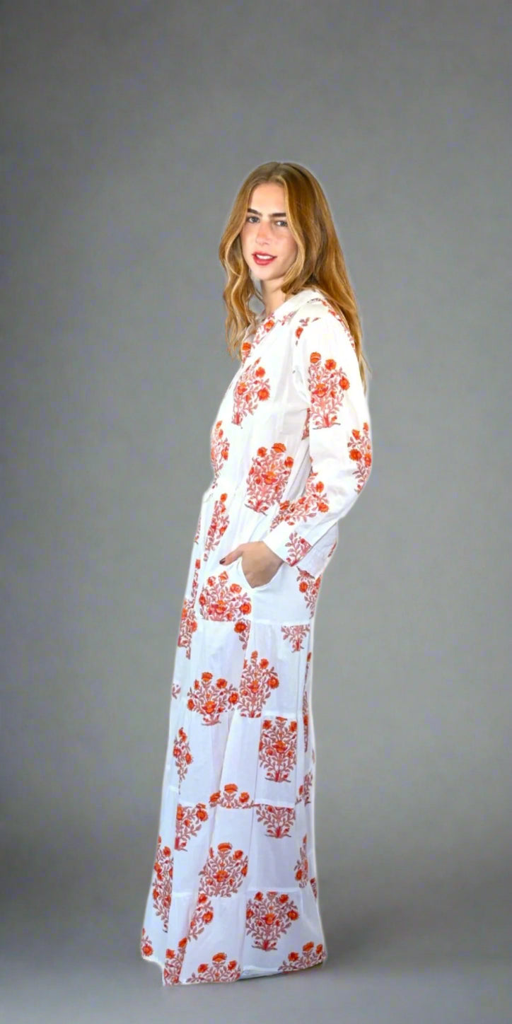 Coral Blossom Long Shirt Dress