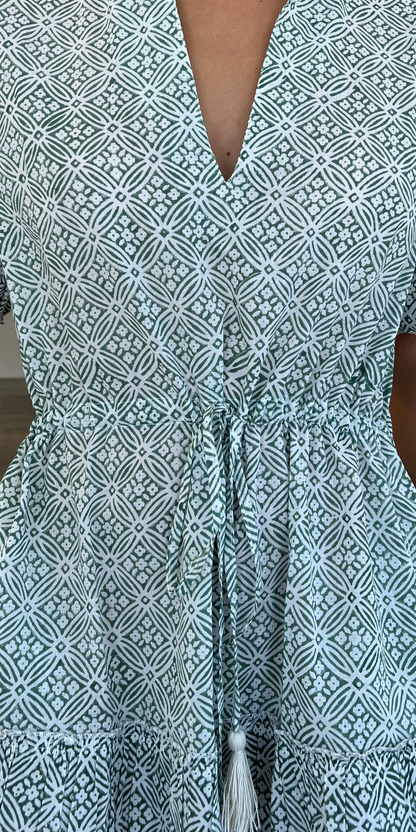 Green Geo Print Short Mao Dress