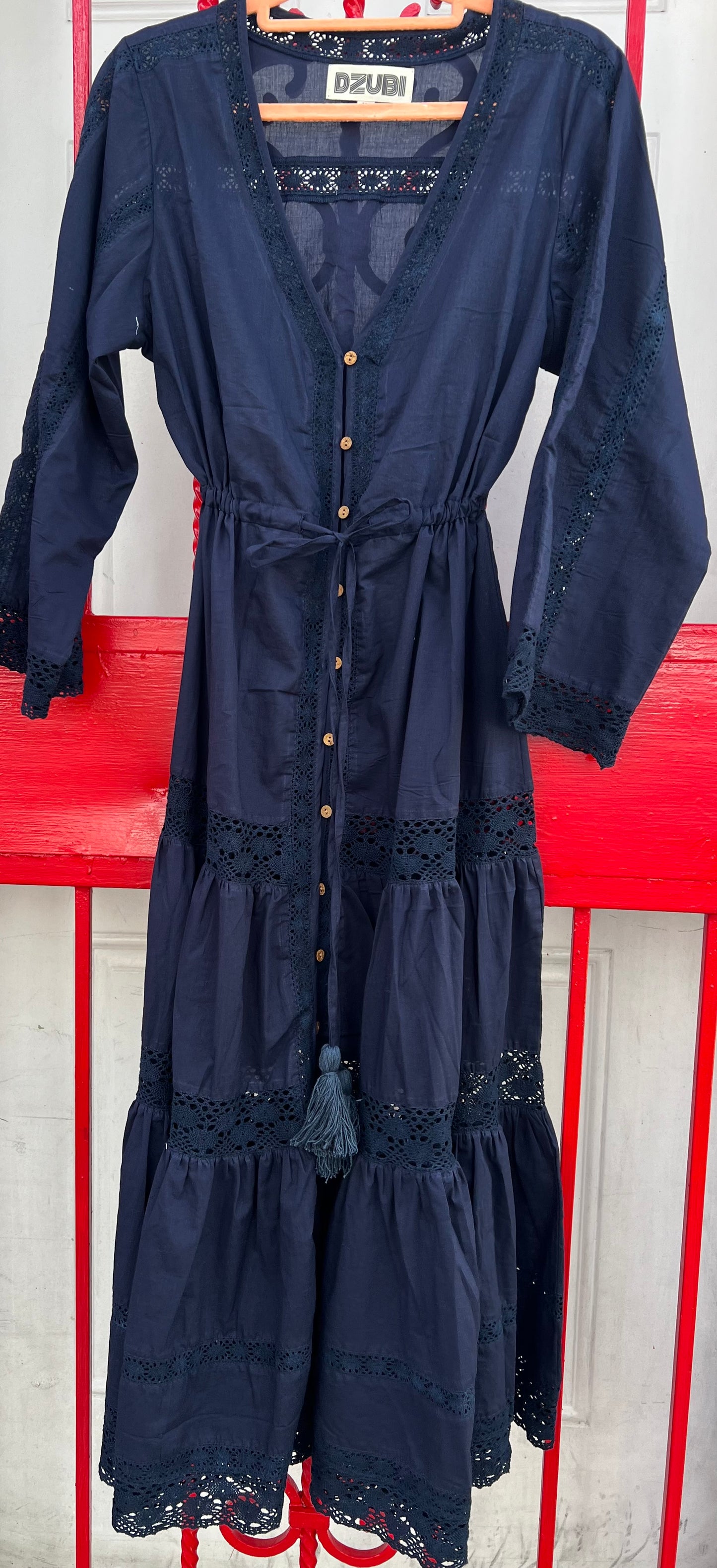 Navy Button Down Long Lace Dress