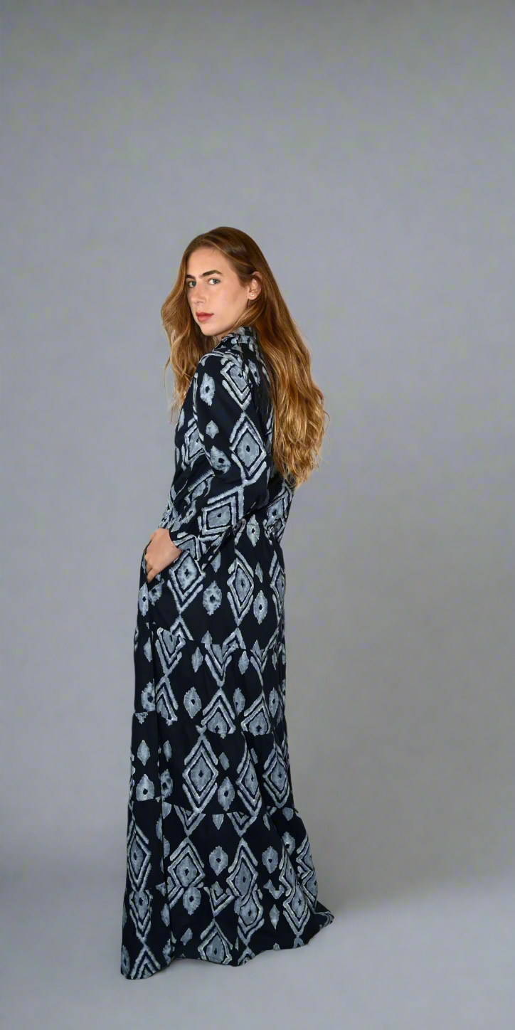 Midnight Ikat Long Shirt Dress