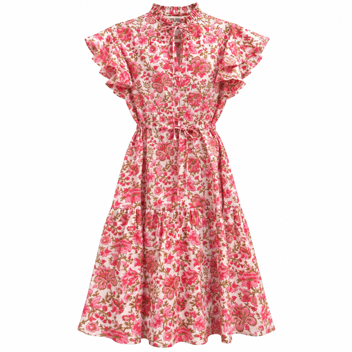 Rosewater Garden Dress
A romantic floral dress in soft pink and ivory, finished with a ruffled high neckline and flutter sleeves. The waist tie lets you adjust the fit, while the tiered skirt adds an easy, flowing shape. A bright, fem
