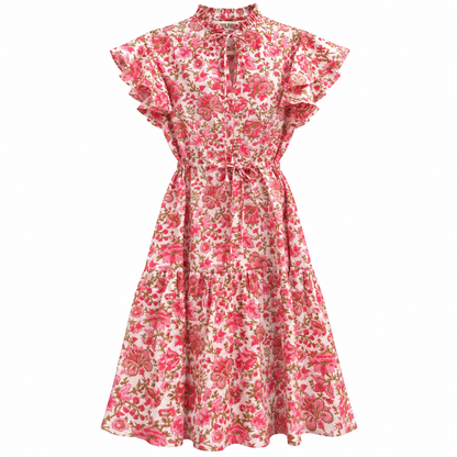 Rosewater Garden Dress
A romantic floral dress in soft pink and ivory, finished with a ruffled high neckline and flutter sleeves. The waist tie lets you adjust the fit, while the tiered skirt adds an easy, flowing shape. A bright, fem